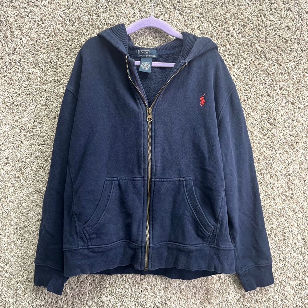 Polo Ralph Lauren Jacket Boys M (10-12) Navy Blue Full Zip Up Hooded Sweatshirt